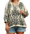 Umgee USA Boho Border Print Tie Neck Blouse