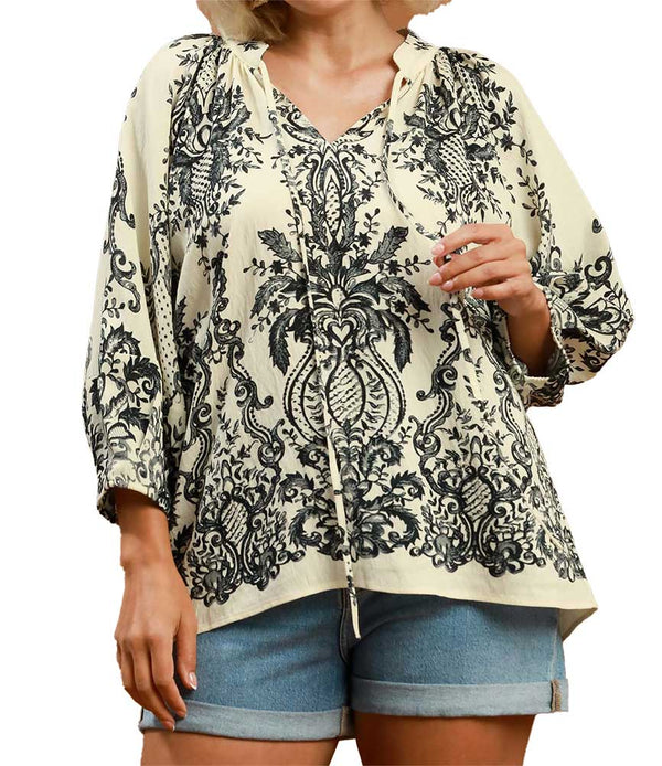 Umgee USA Boho Border Print Tie Neck Blouse