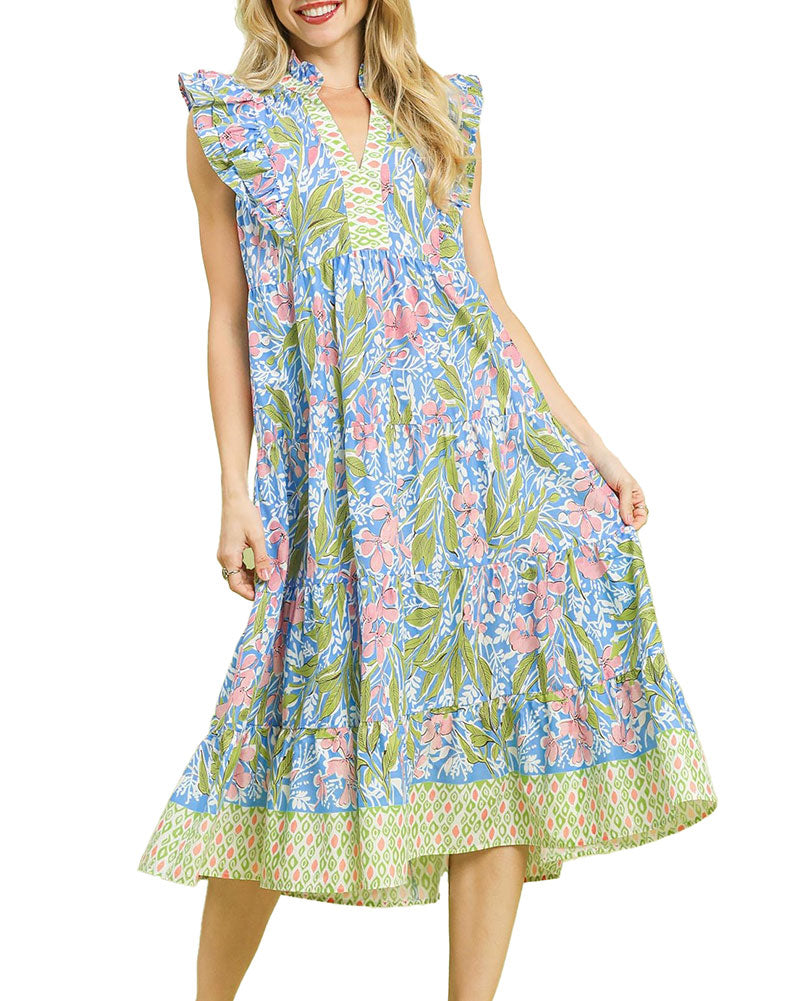 Umgee USA Mix Floral Tiered Midi Dress
