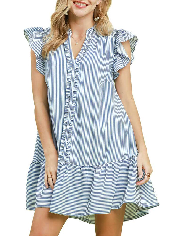 Umgee Ruffle Trim Stripe Flutter Sleeve Mini Dress