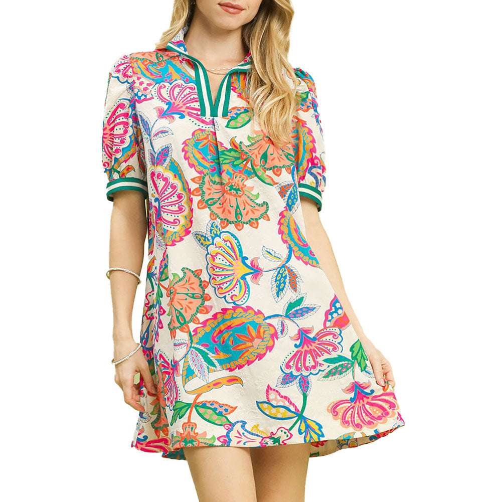 Umgee USA Jacquard Paisley Print Puff Sleeve Tunic Dress