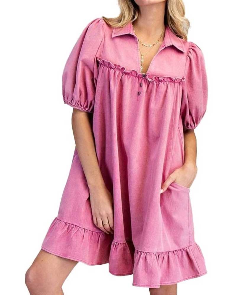 Easel Ruffle Bottom Washed Chambray Dress