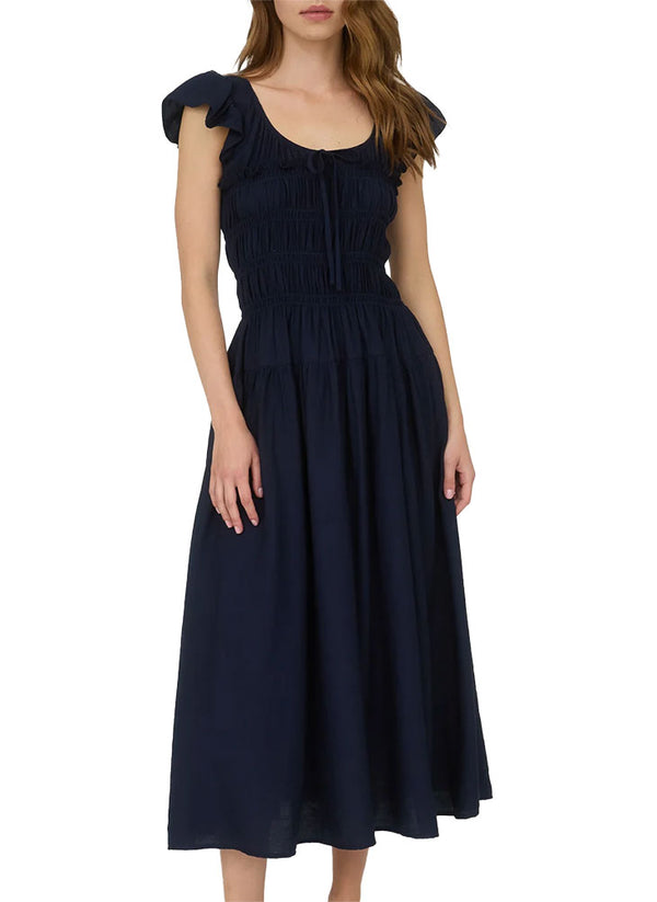 Blu Pepper Shirred Bodice Ruffle Midi Dress