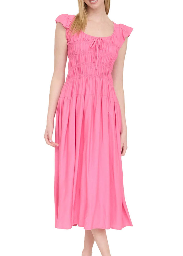 Blu Pepper Shirred Bodice Ruffle Midi Dress