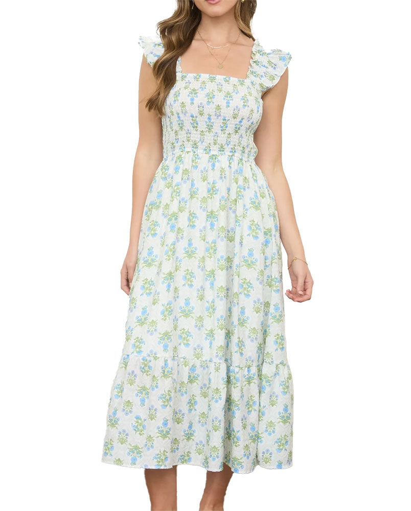 Blu Pepper Floral Tile Smocked Midi Dress