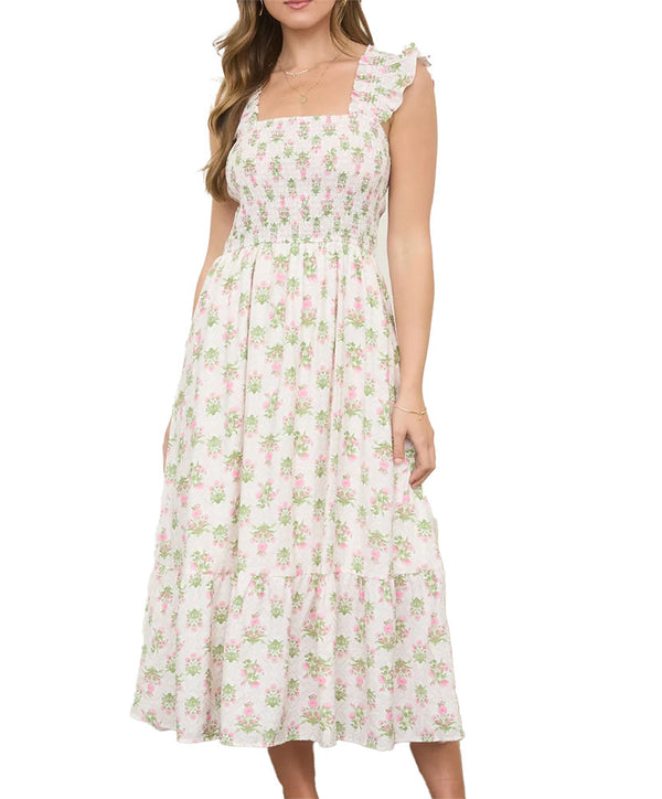 Blu Pepper Floral Tile Smocked Midi Dress