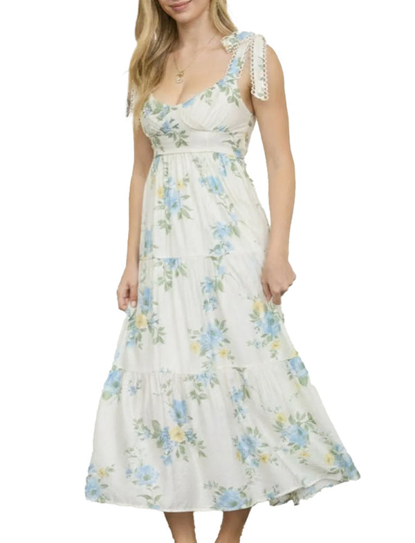 Blu Pepper Floral Tie Strap Scallop Lace Midi Dress