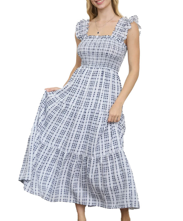 Blu Pepper Plaid Ruffle Strap Midi Dress