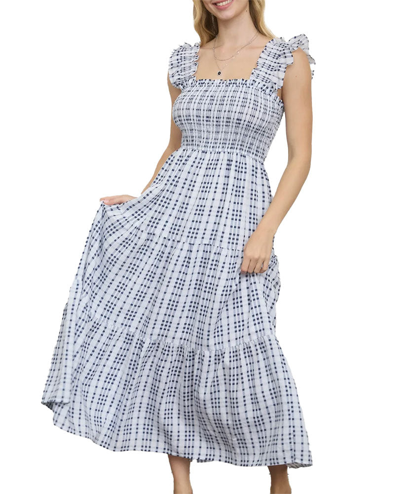 Blu Pepper Plaid Ruffle Strap Midi Dress