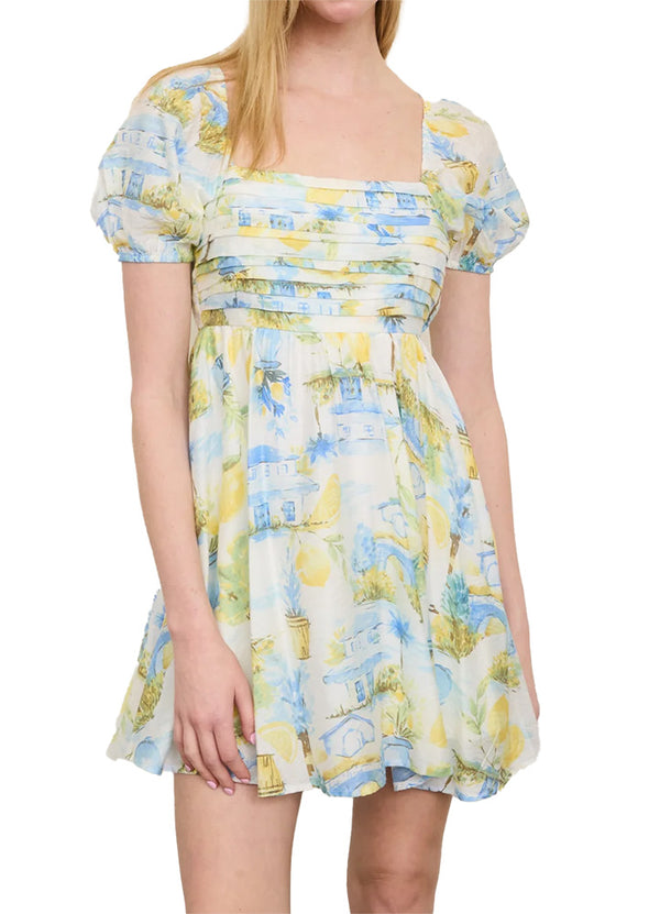 Blu Pepper Pleated Short Puff Sleeve Mini Dress