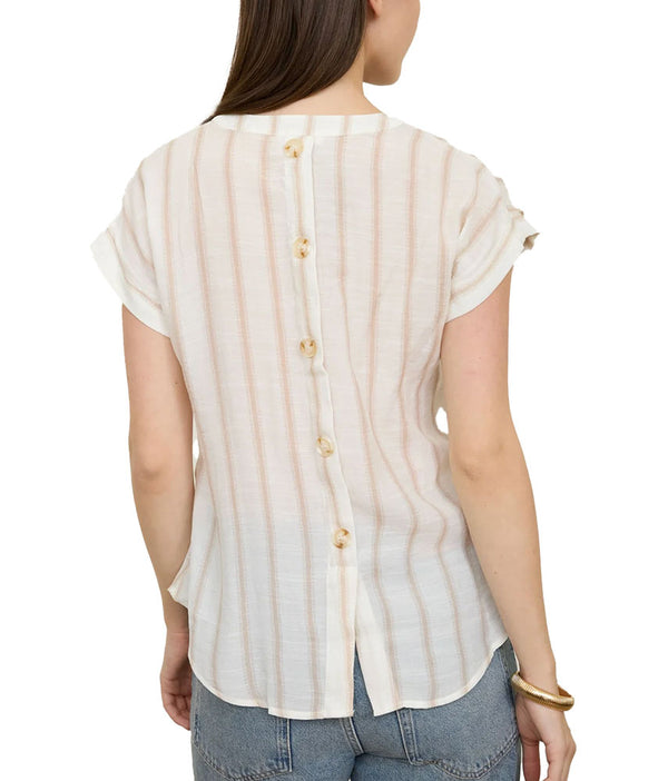 Blu Pepper Stripe Back Button Top