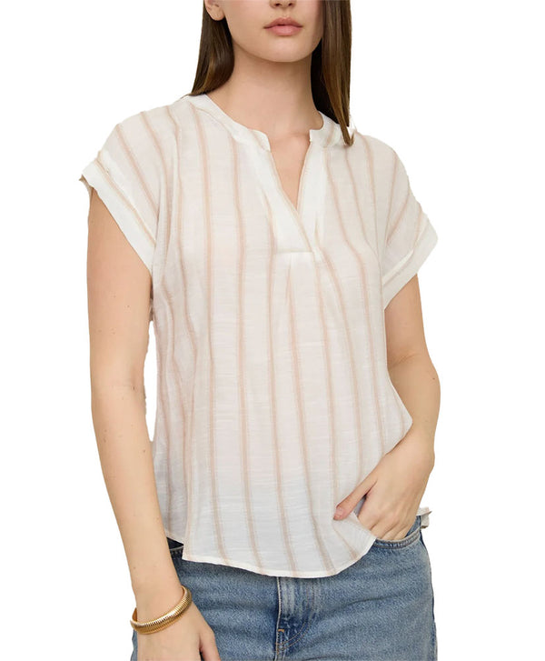 Blu Pepper Stripe Back Button Top