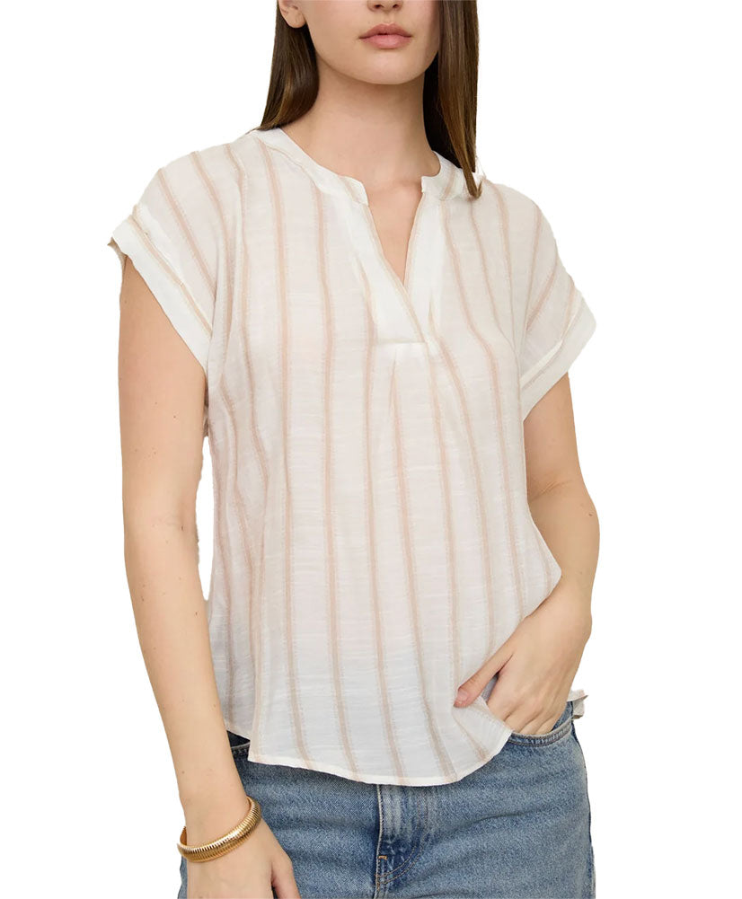 Blu Pepper Stripe Back Button Top