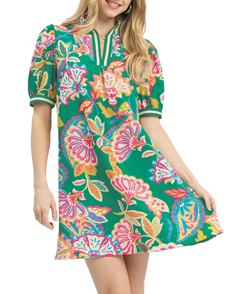 Umgee USA Jacquard Paisley Print Puff Sleeve Tunic Dress