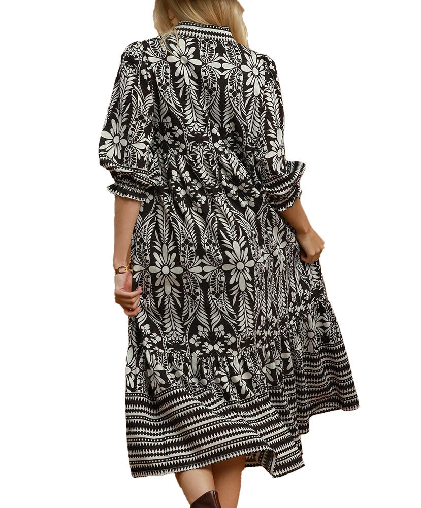 Umgee USA Botanical Border Print Tiered Midi Dress