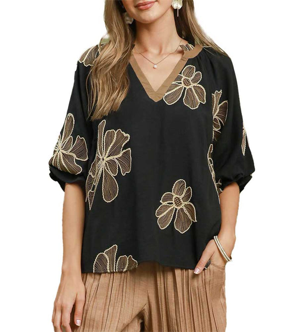 Umgee USA Floral Embroidered V-Neck Relaxed Top