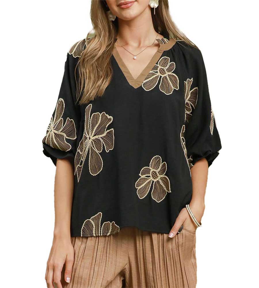Umgee USA Floral Embroidered V-Neck Relaxed Top