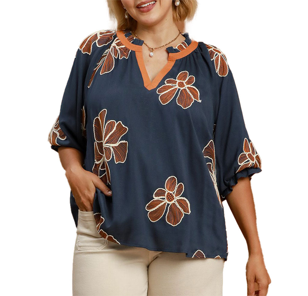 Umgee USA Floral Embroidered V-Neck Relaxed Top