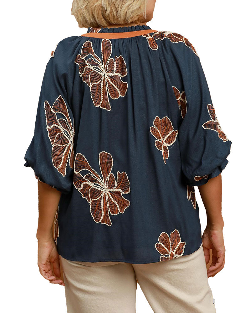 Umgee USA Floral Embroidered V-Neck Relaxed Top