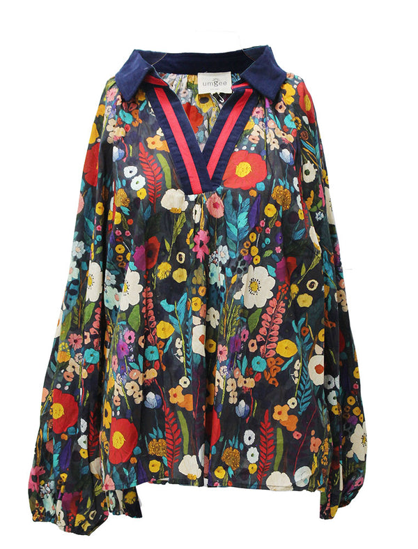 Umgee USA Floral Print Contrast Collar Long Sleeve Blouse