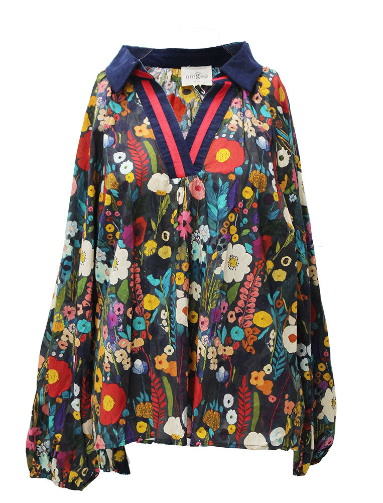 Umgee USA Floral Print Contrast Collar Long Sleeve Blouse