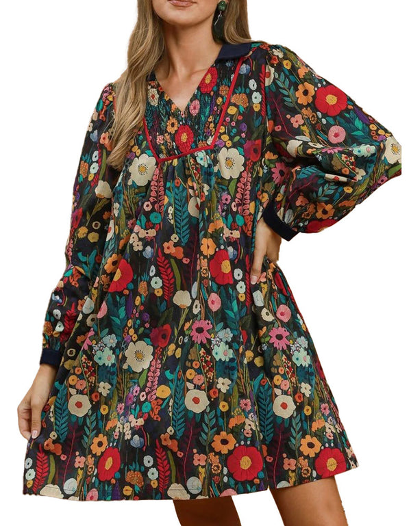 Umgee USA Floral Print Smocked Yoke Babydoll Dress