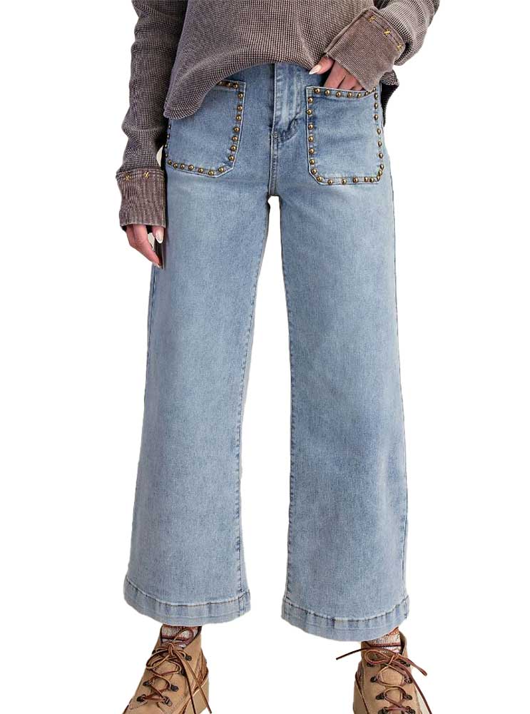 Easel Stud Detail Washed Denim Pants