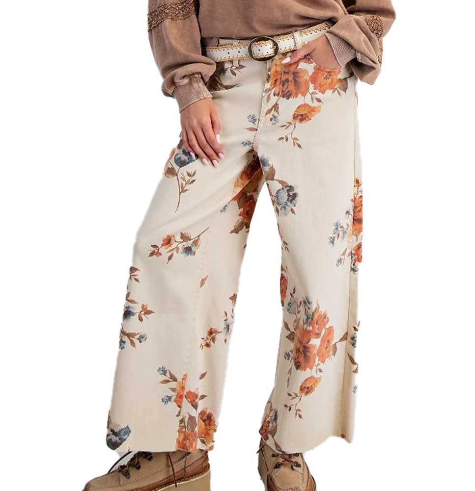 Easel Flower Print Stretch Washed Twill Pants