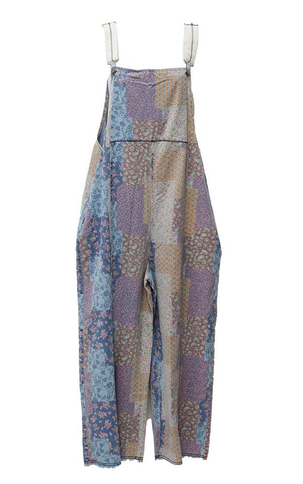 Easel Patchwork Print Washed Overalls