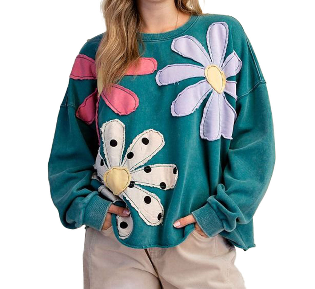 Easel Floral Patch Washed Terry Pullover