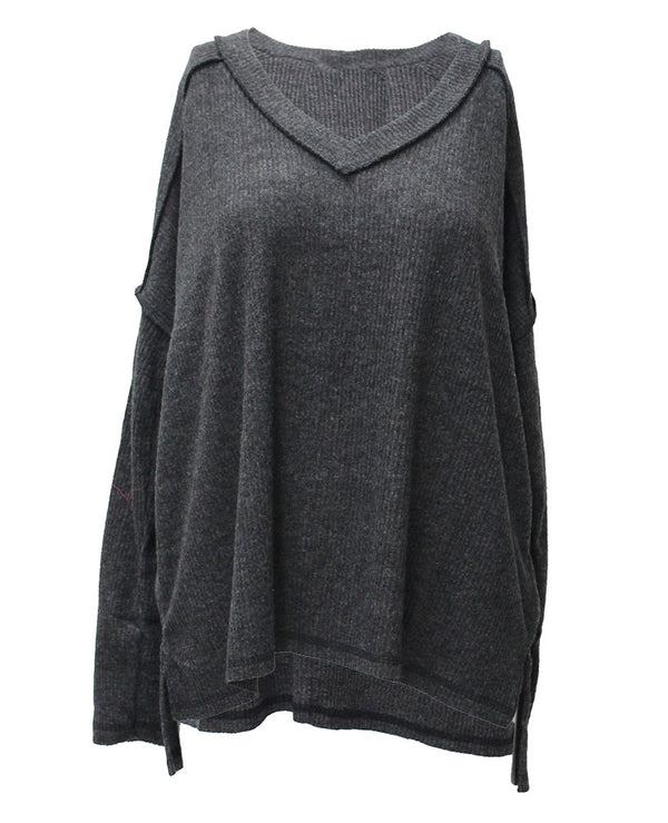 ZENANA Brushed Ribbed Hacci Drop Shoulder V-neck Sweater