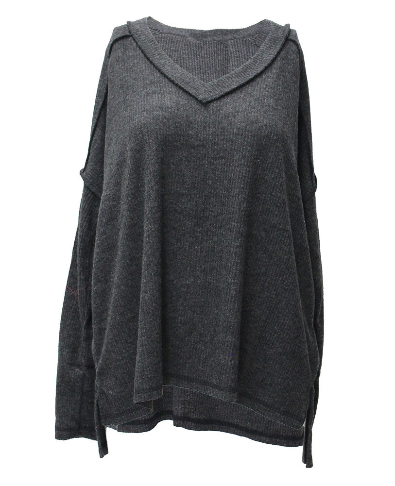 ZENANA Brushed Ribbed Hacci Drop Shoulder V-neck Sweater