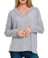 ZENANA Brushed Ribbed Hacci Drop Shoulder V-neck Sweater