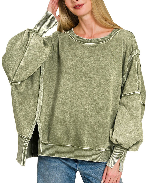 ZENANA Acid Washed Batwing Sleeve Fleece Sweatshirts