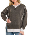 ZENANA Fleece Acid Washed Contrast Trim Pullover
