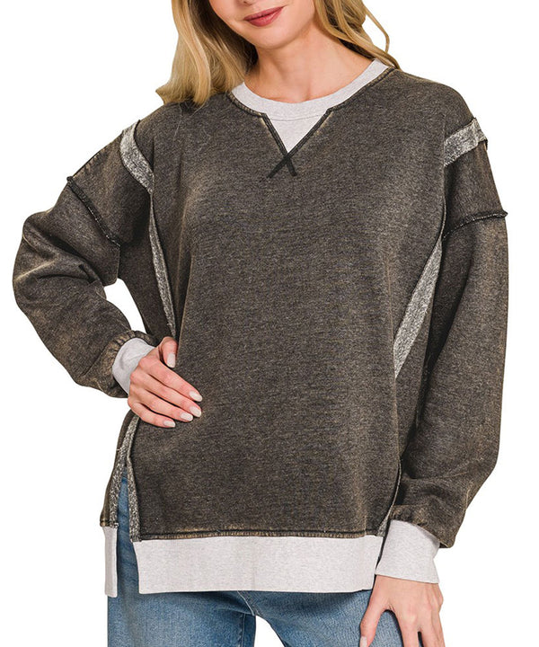 ZENANA Fleece Acid Washed Contrast Trim Pullover