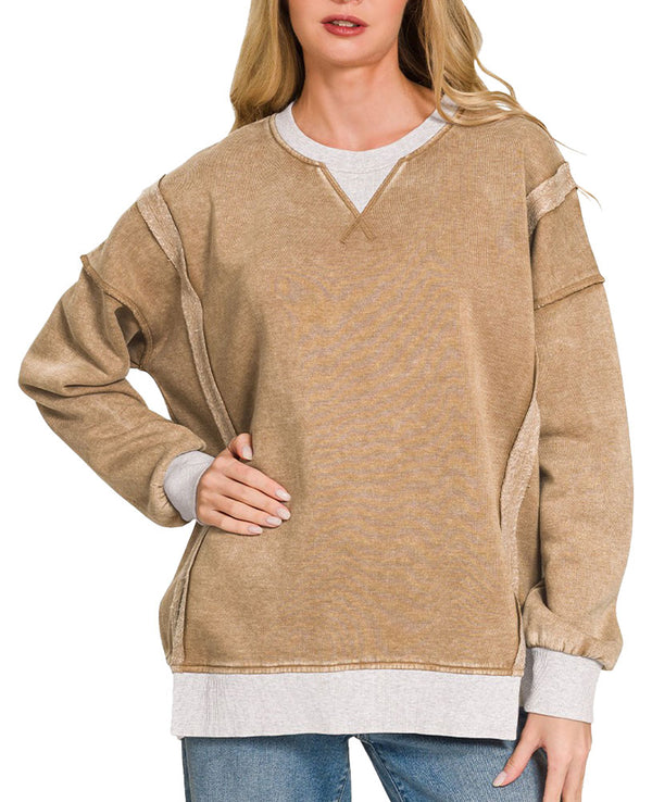 ZENANA Fleece Acid Washed Contrast Trim Pullover