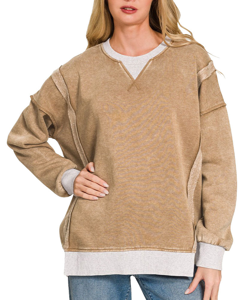 ZENANA Fleece Acid Washed Contrast Trim Pullover