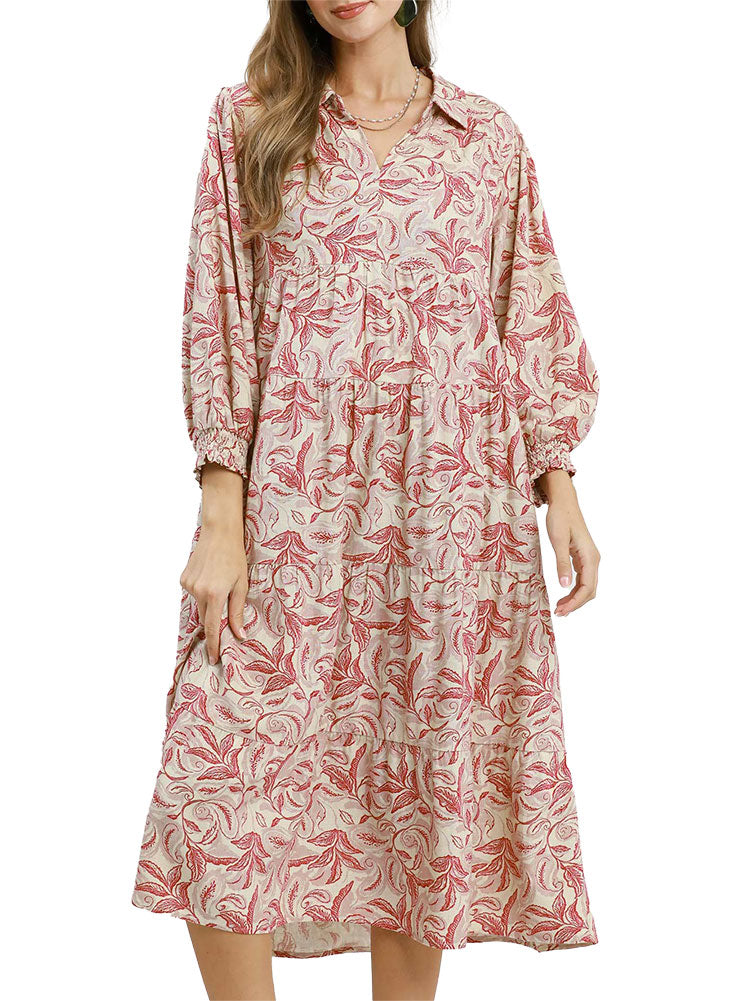 Umgee USA Linen Botanical Print Tiered Midi Dress