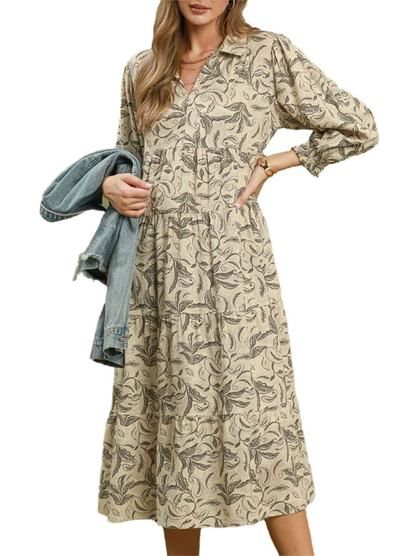 Umgee USA Linen Botanical Print Tiered Midi Dress