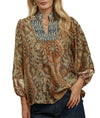 Umgee USA Boho Paisley Floral Print Contrast Yoke Blouse