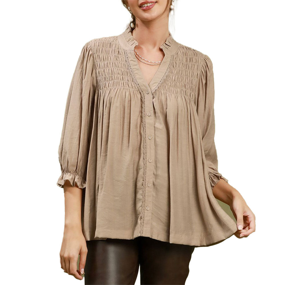 Umgee USA Smocked Yoke Button Front Blouse