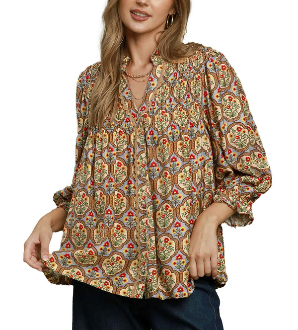 Umgee USA Boho Floral Medallion Print Split Neck Blouse