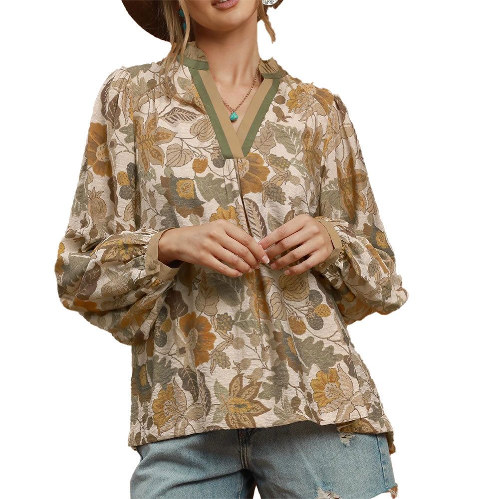 Umgee USA Mix Floral Split Neck Blouse