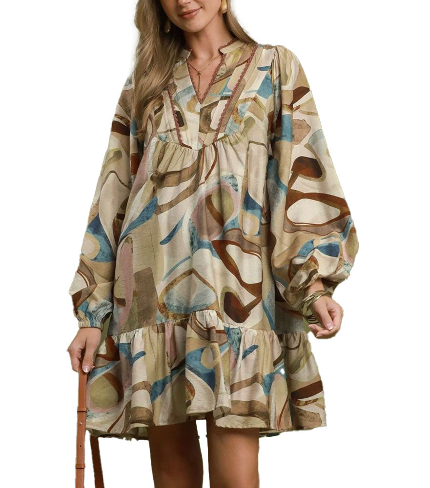 Umgee USA Mix Abstract Print Ruffle Hem Babydoll Dress