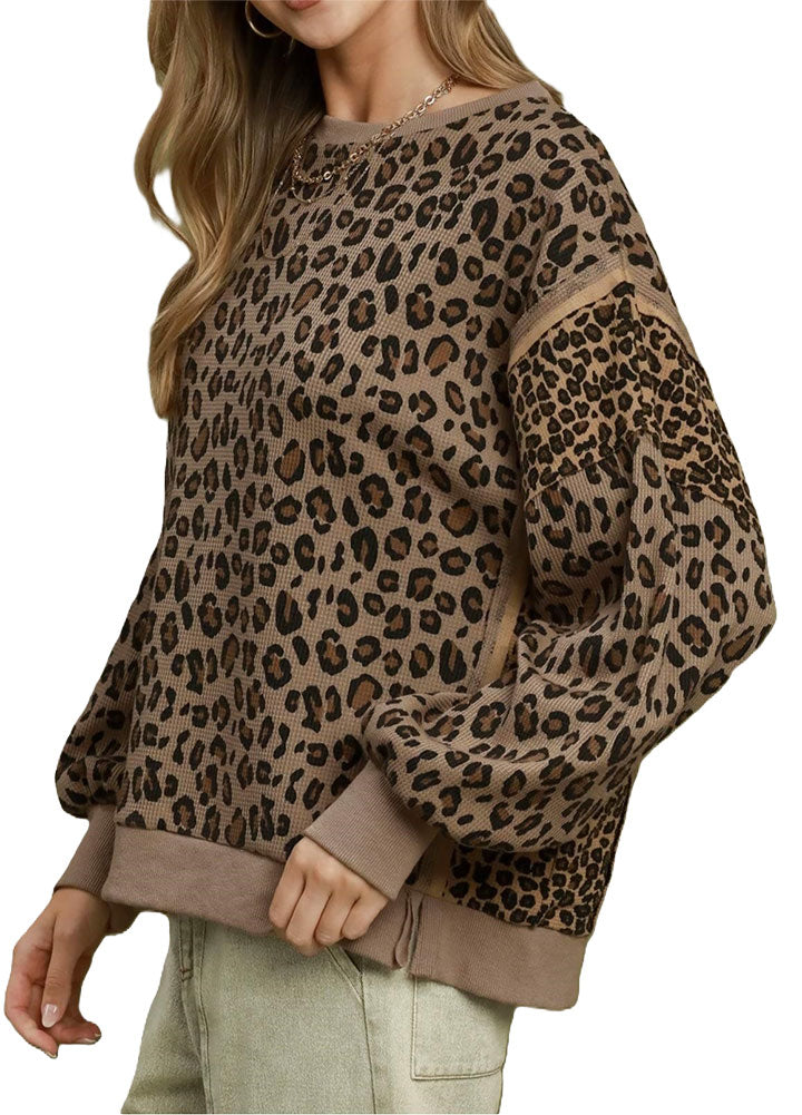 Umgee USA Leopard Print Waffle Knit Pullover