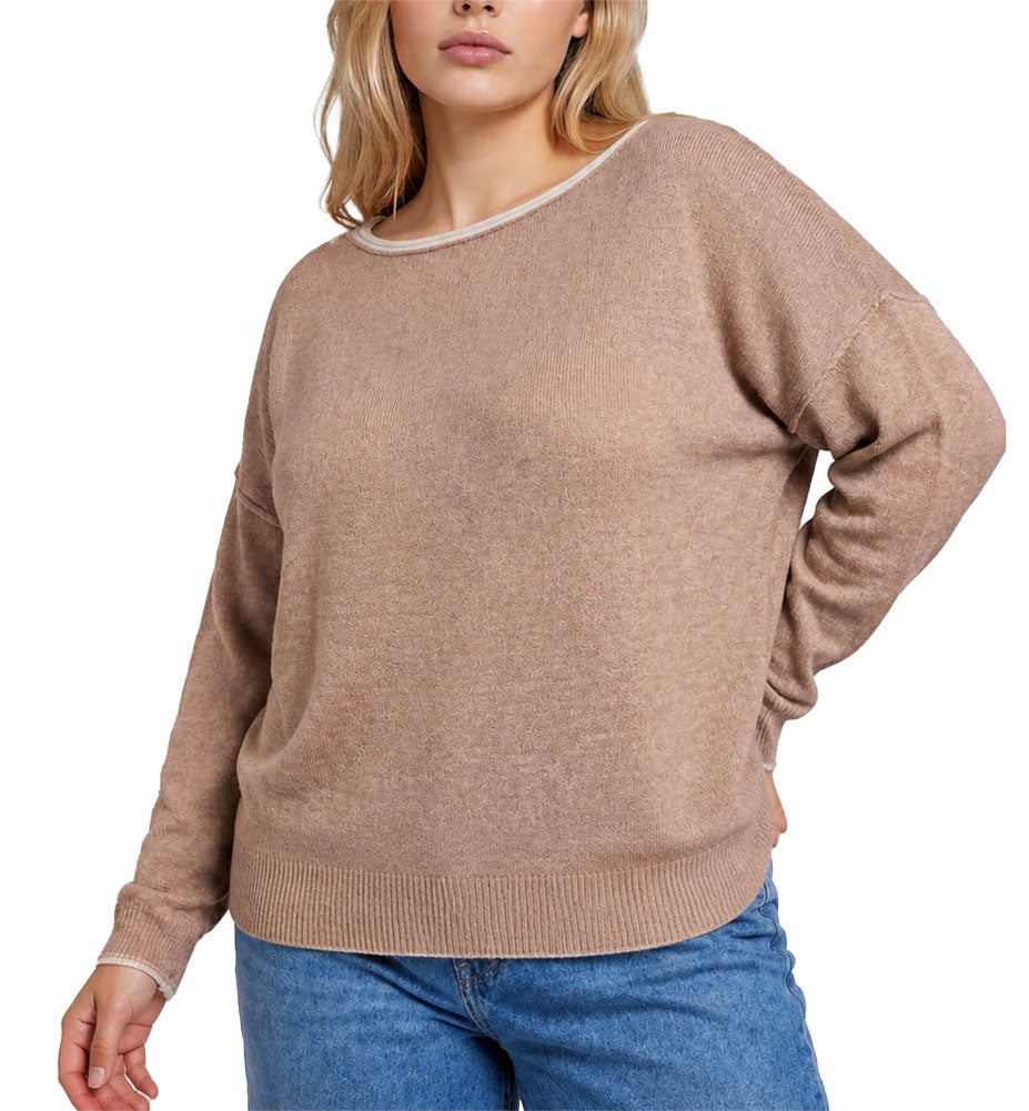 JOA Women's Contrast Trim Off Shoulder Pullover Sweater