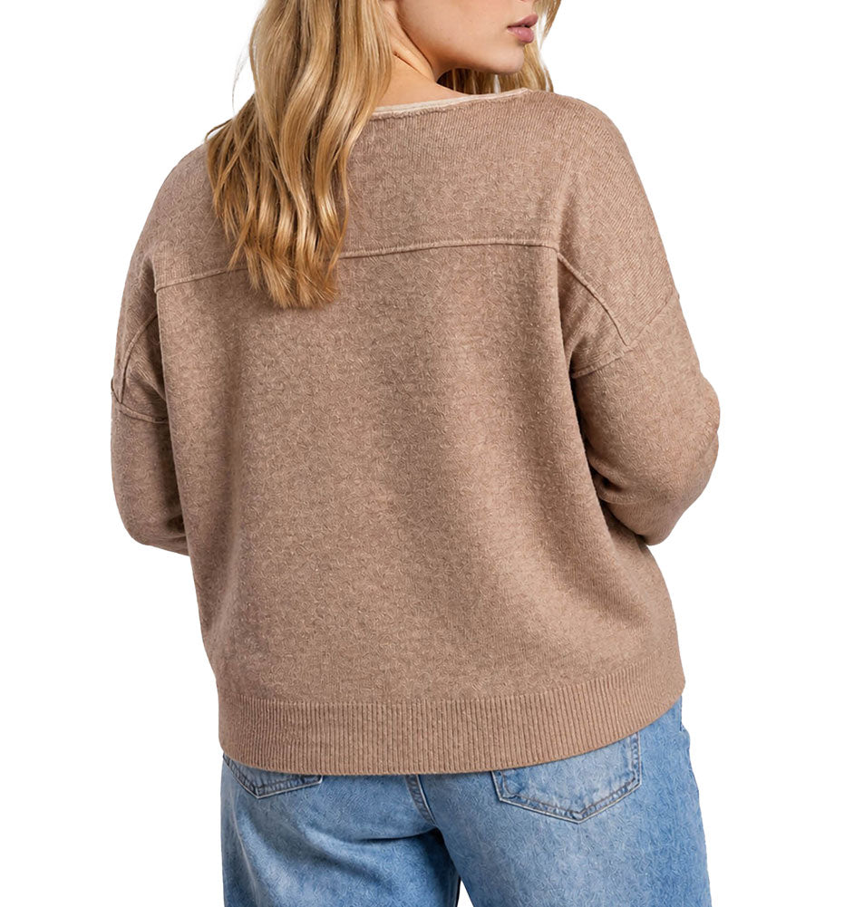 JOA Women's Contrast Trim Off Shoulder Pullover Sweater