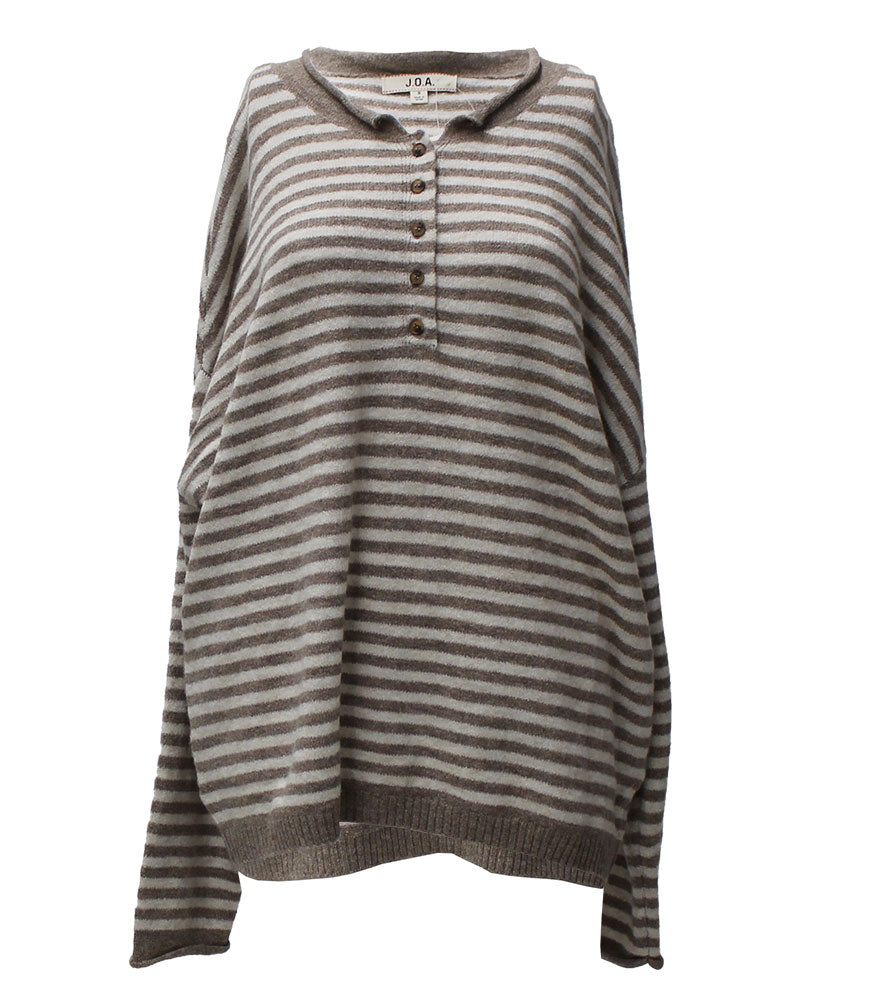 Blu Pepper Women's Button Henley Stripe Long Sleeve Drop Shoulder Sweater