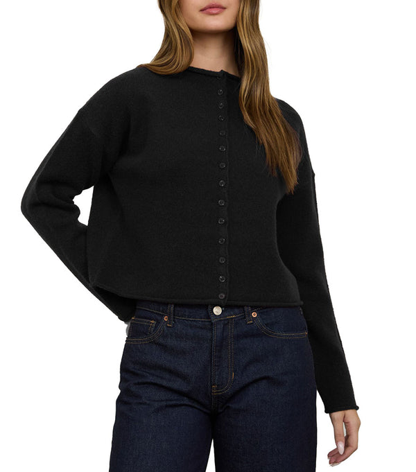 The Workshop Studio Women's Raw Edge Mock Neck Button Down Cardigan Sweater